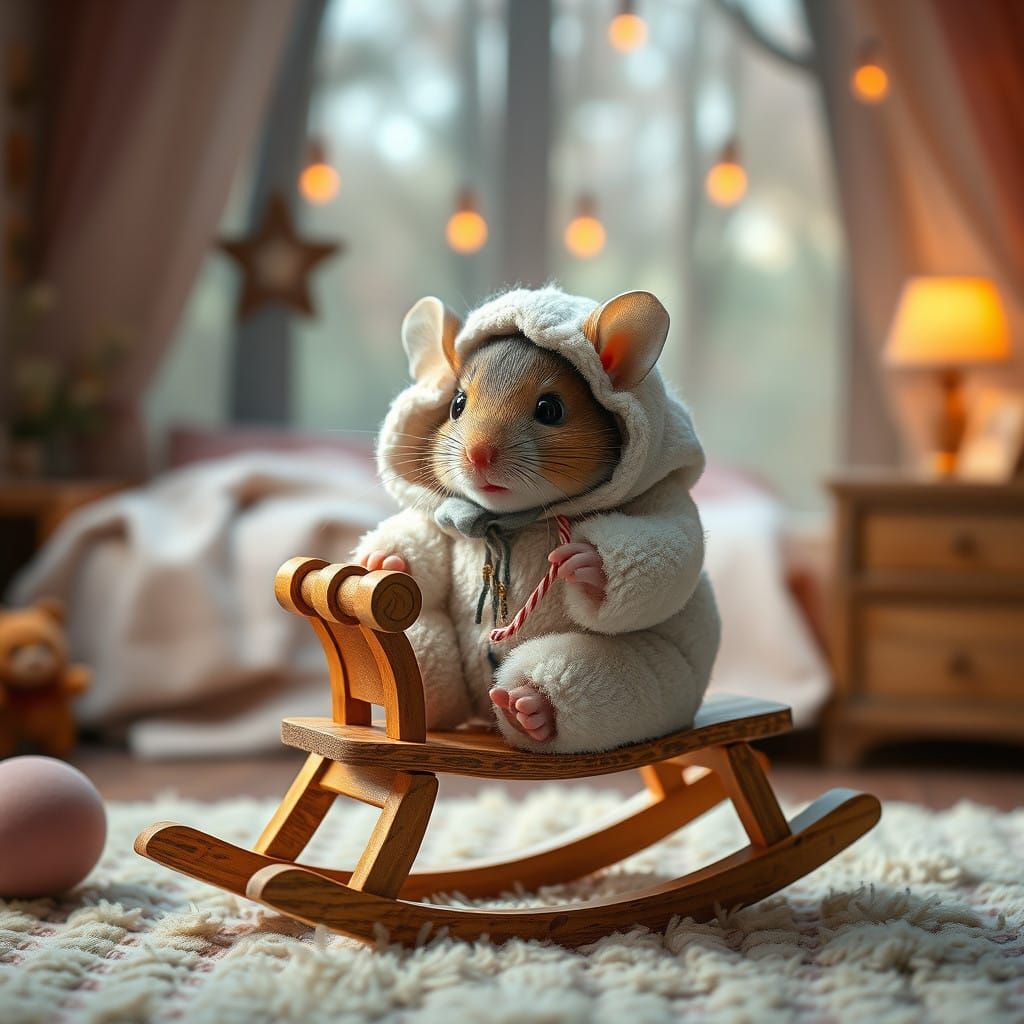 Cozy Hyperrealist Scene of a Mouse in a Rocking Board