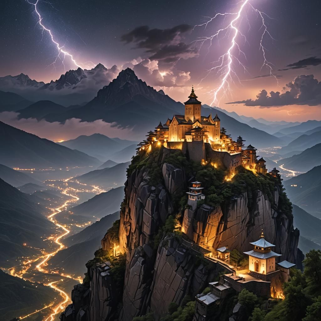 Monastery Witnessing Celestial Storm of Lightning Sprites