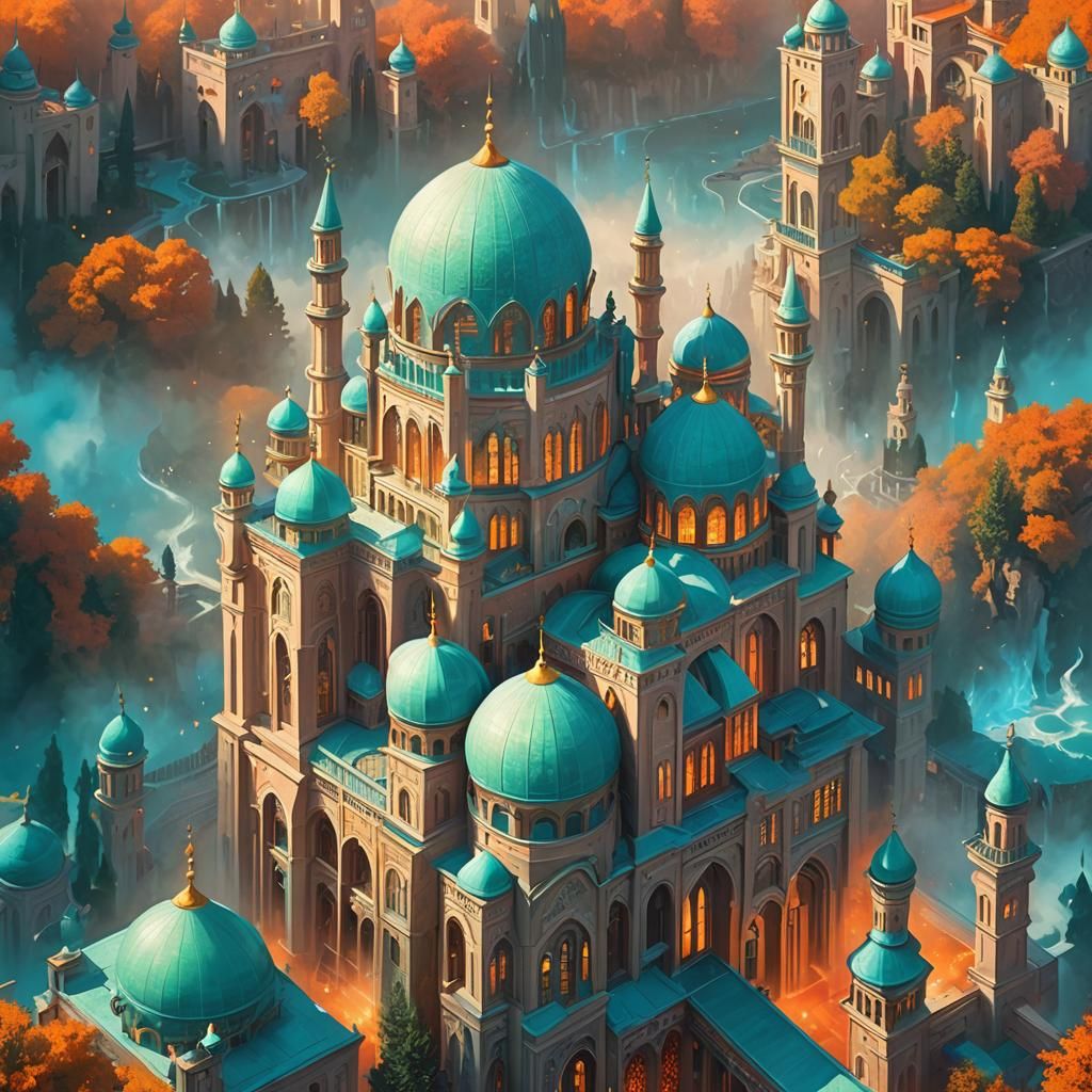 Eid Al-Fitr Card: Ethereal Mosque in Retrofuturist Style
