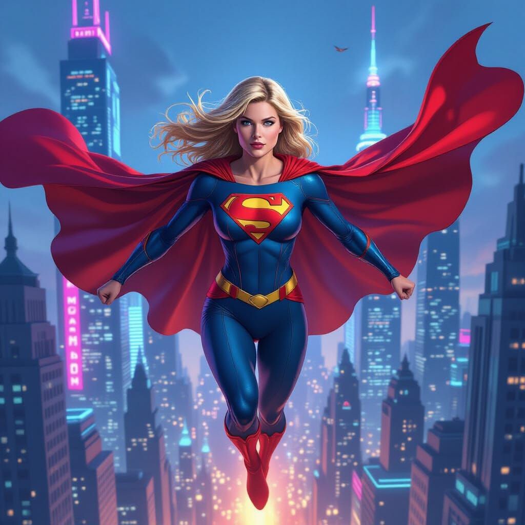 Supergirl Soaring Over Futuristic Metropolis in Digital Art