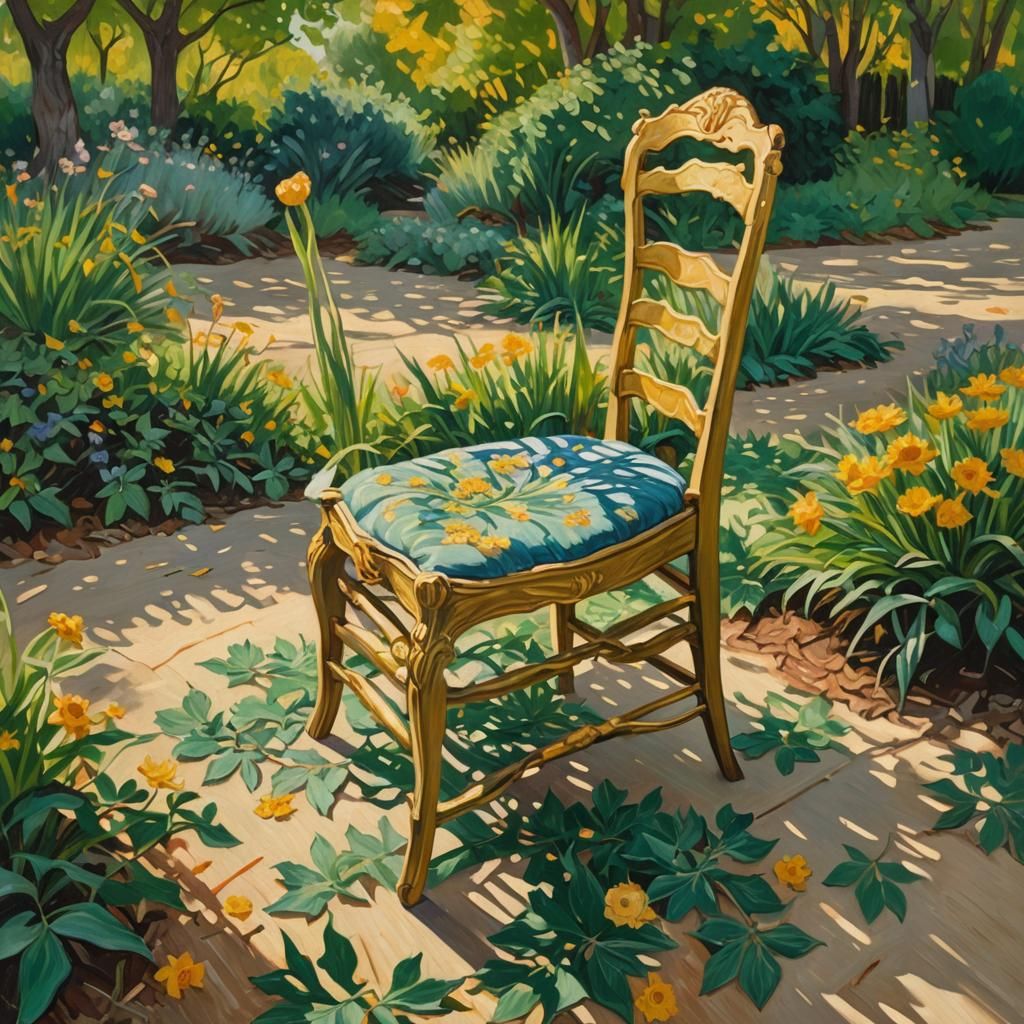 Oshibana Chair in Golden Sunlight, Oil Painting