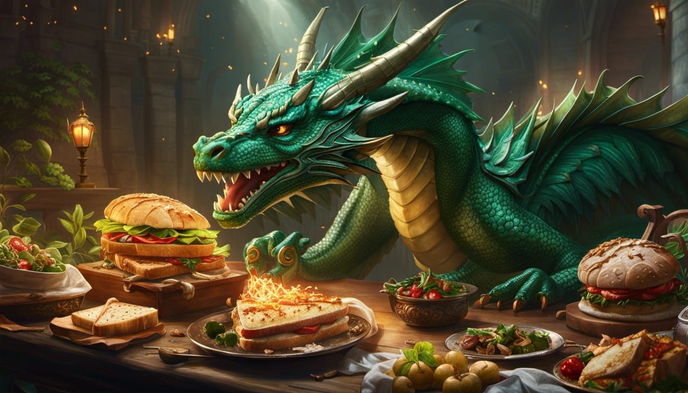 Emerald Dragon Hoarding Sandwiches, Fantasy Concept Art