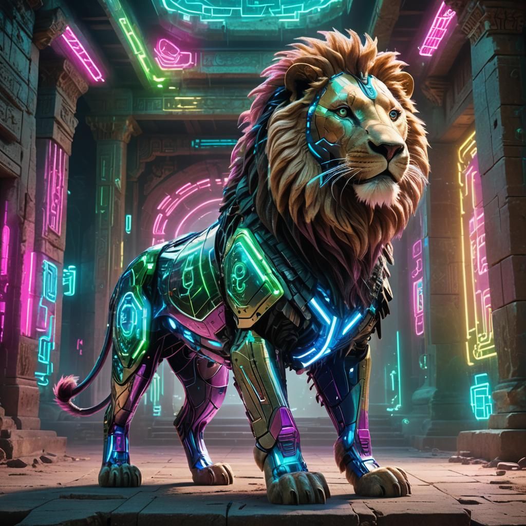 Cybernetic Lion Concept Art in Futuristic Temple