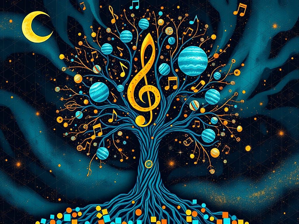 Surreal Tree of Music Harmony Under Celestial Lights