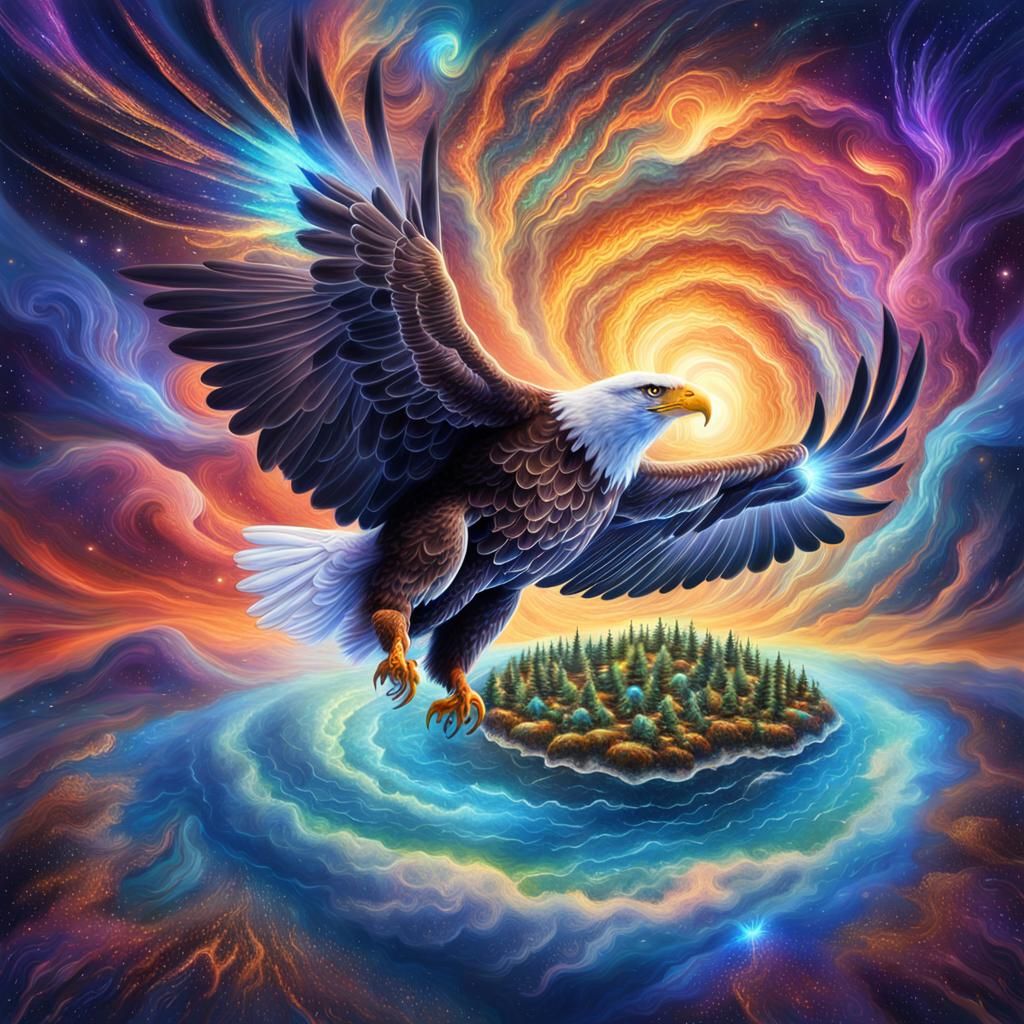 Eagle Flying Over Island in Cosmic Astral Art