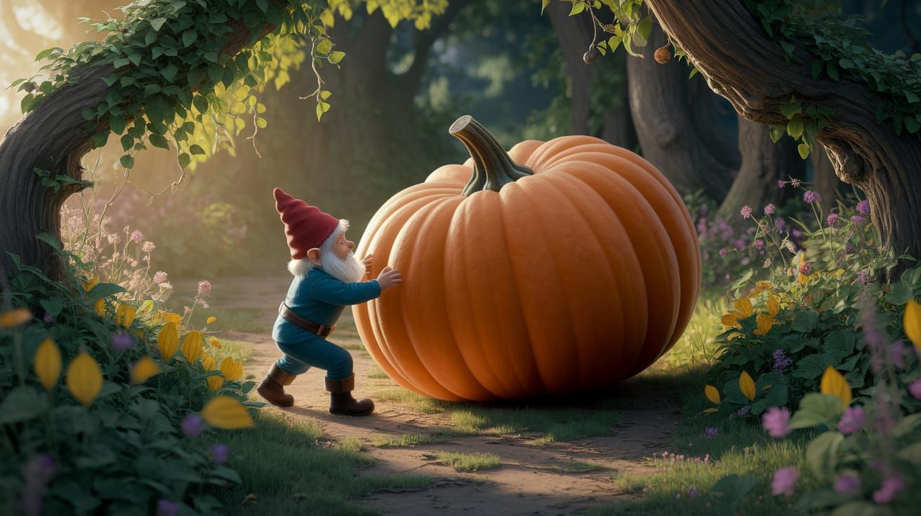 Whimsical Gnome Rolls Colossal Pumpkin Through Enchanted For...