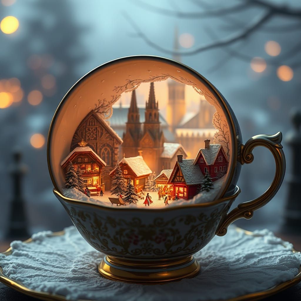 Miniature Christmas Market in Porcelain Cup, Matte Painting