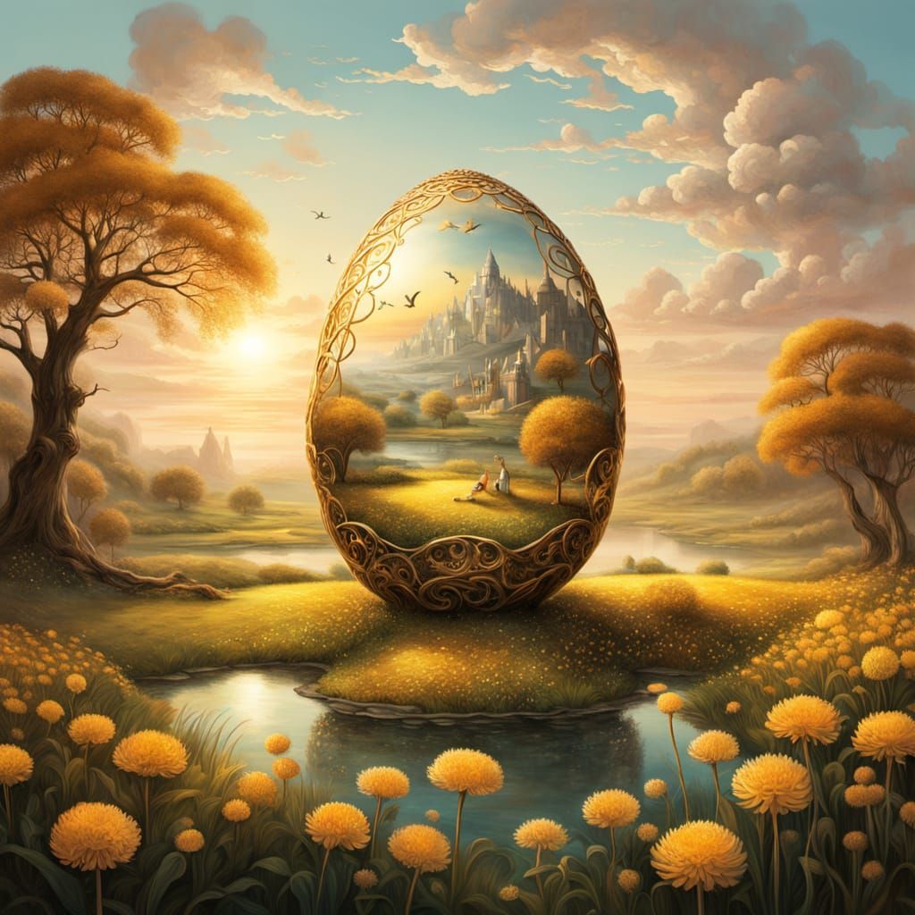 Surreal Landscape with Fabergé Egg in Dandelion Field