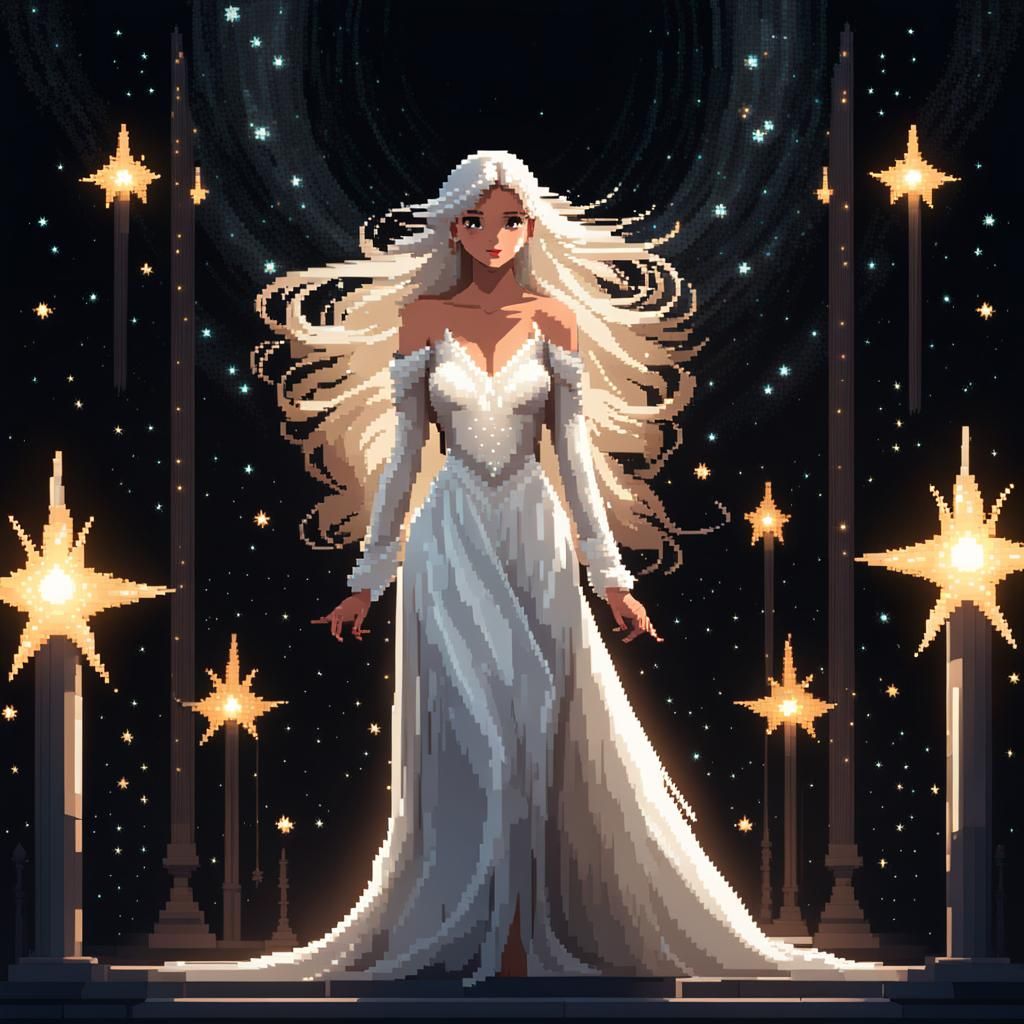 Glowing Girl in White Dress: Pixel Art Style