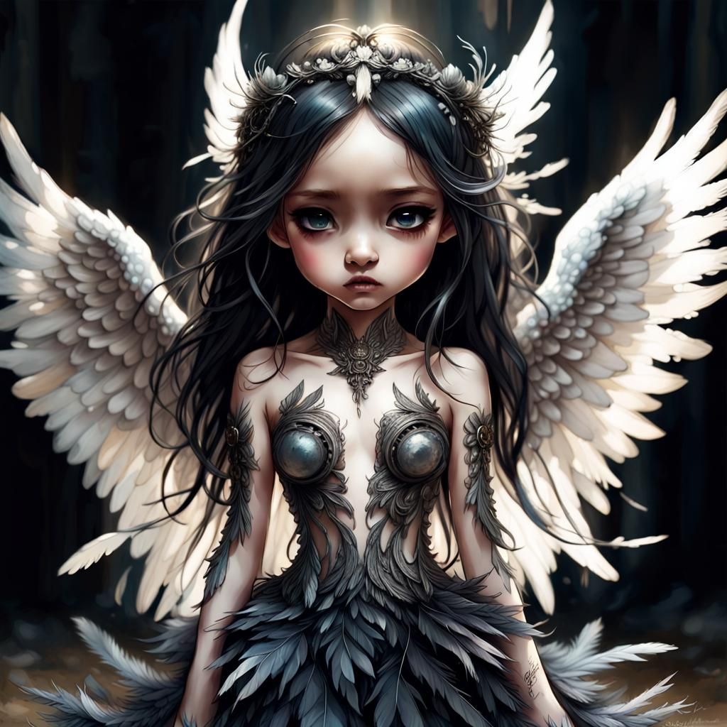 Chibi Gothic Fallen Angel with Ebony Hair