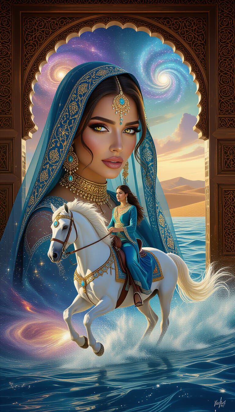 Moroccan Woman in Jewel Veil on Stardust Horse