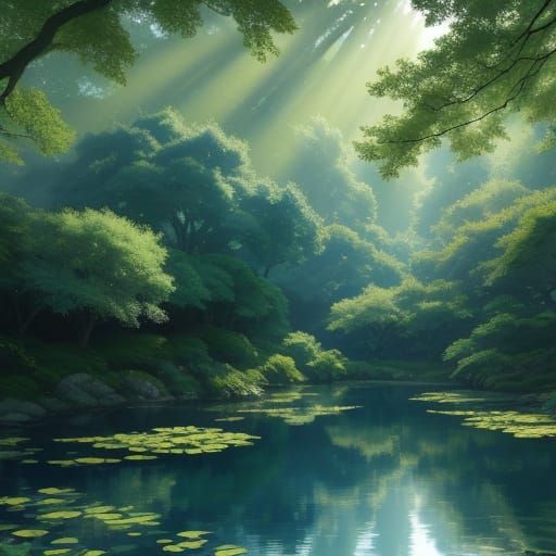 Tranquil Lake Under Ancient Trees, Sunlight Dappling Water