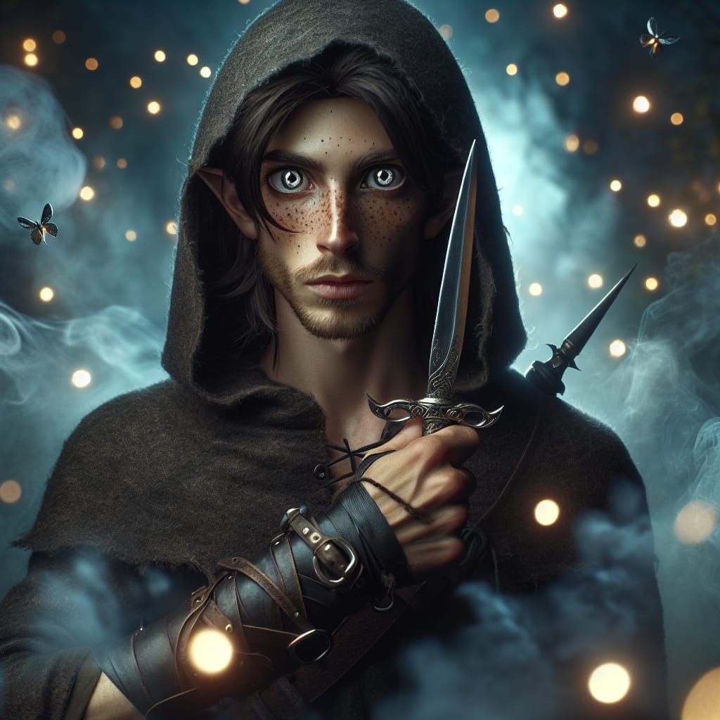 Aiming an evil dagger in swirling mists; big eyes, freckles