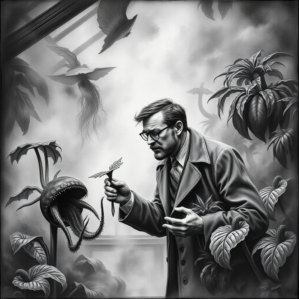 Misty Greenhouse Scene in Charcoal Drawing Style