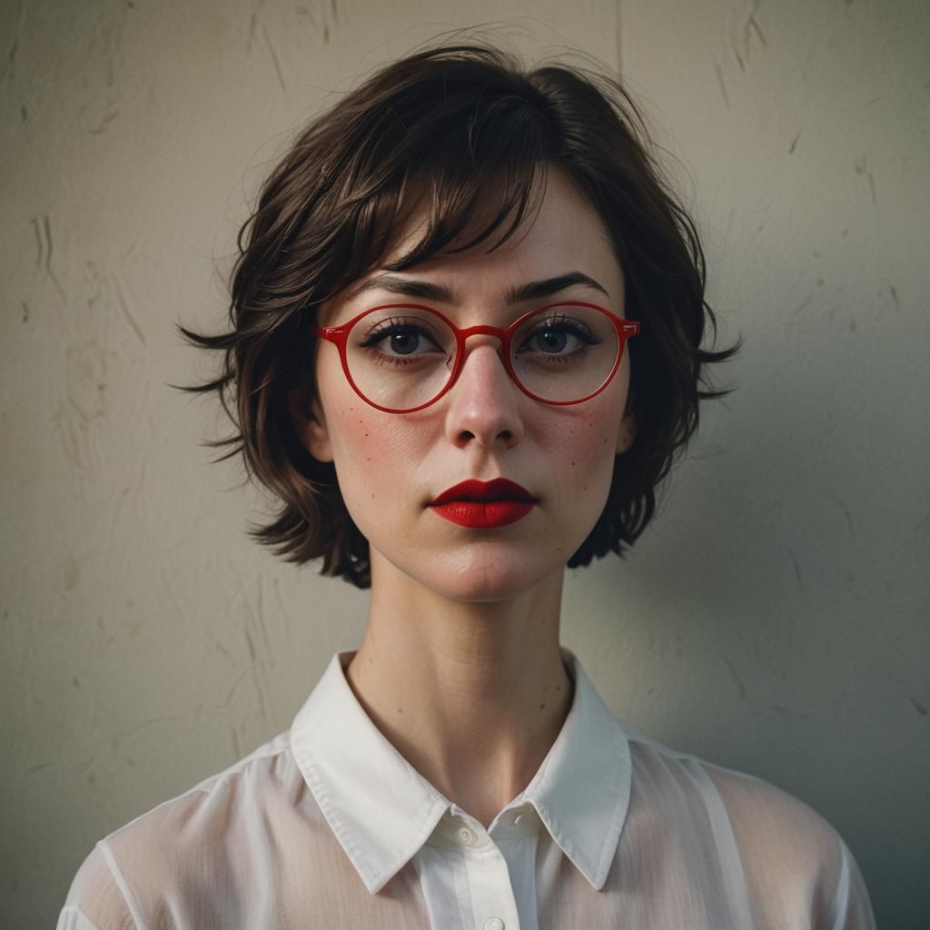 Brunette Woman with Red Glasses: Hyper-Realistic Portrait