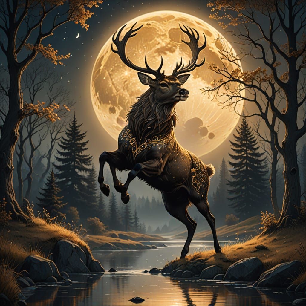 Majestic Stag Leaps on a Whimsical Lace Moon