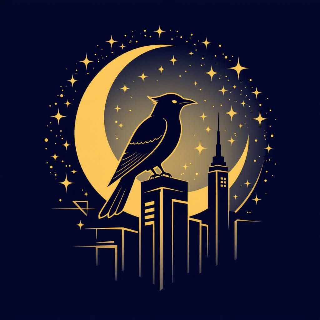Night Bird Logo on Crescent Moon with Construction Beams