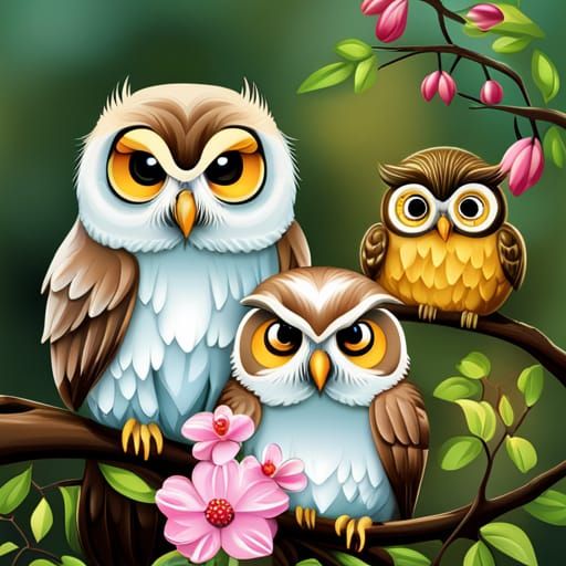 Owl Family Portrait in Detailed Vector Art