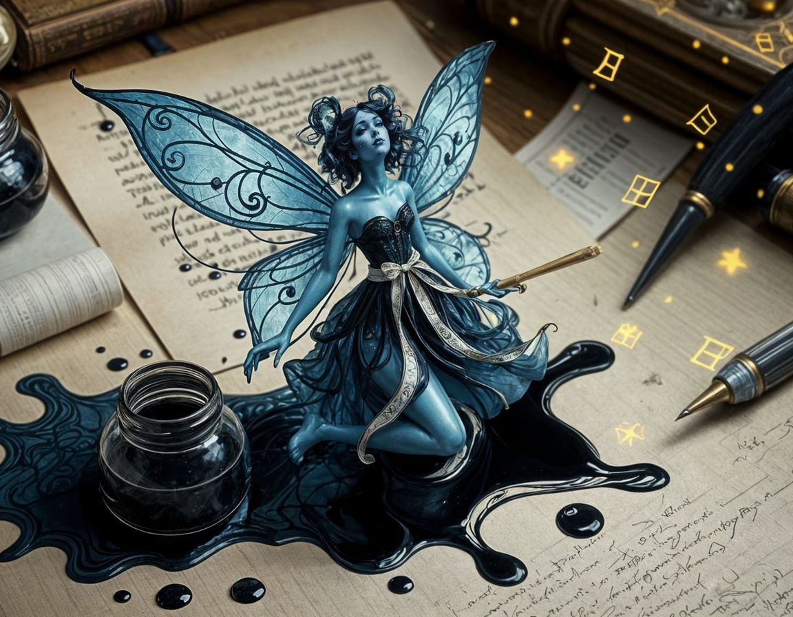 Ink Fairy Emerges from Inkwell in Magical Realism Style