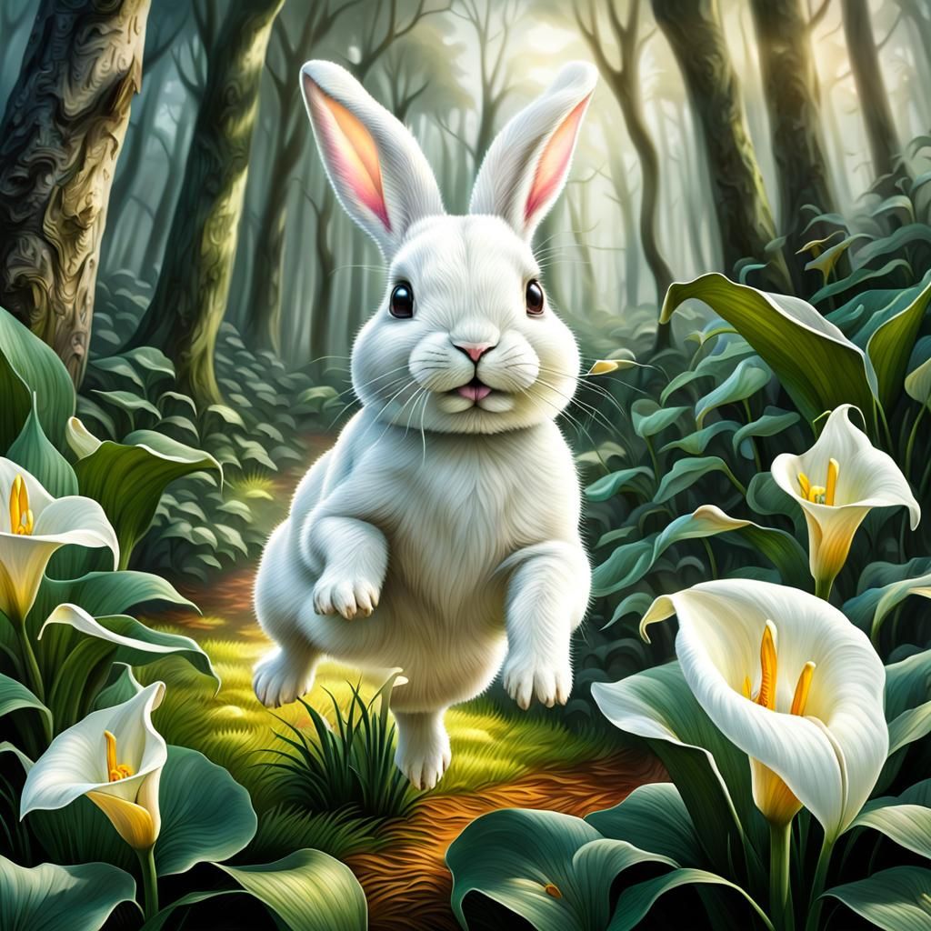 Bunny Hops Toward Lilies: Hyperrealistic 64MP Image