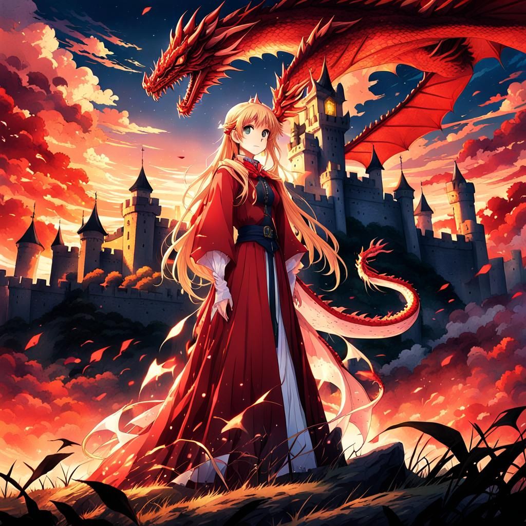Anime Style: Lady, Dragon, and Castle at Sunset