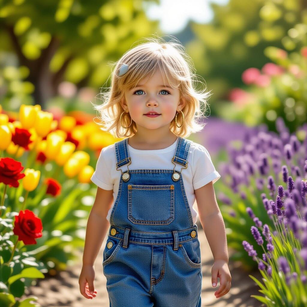 Blonde Girl in Denim Dress in Vibrant Flower Garden