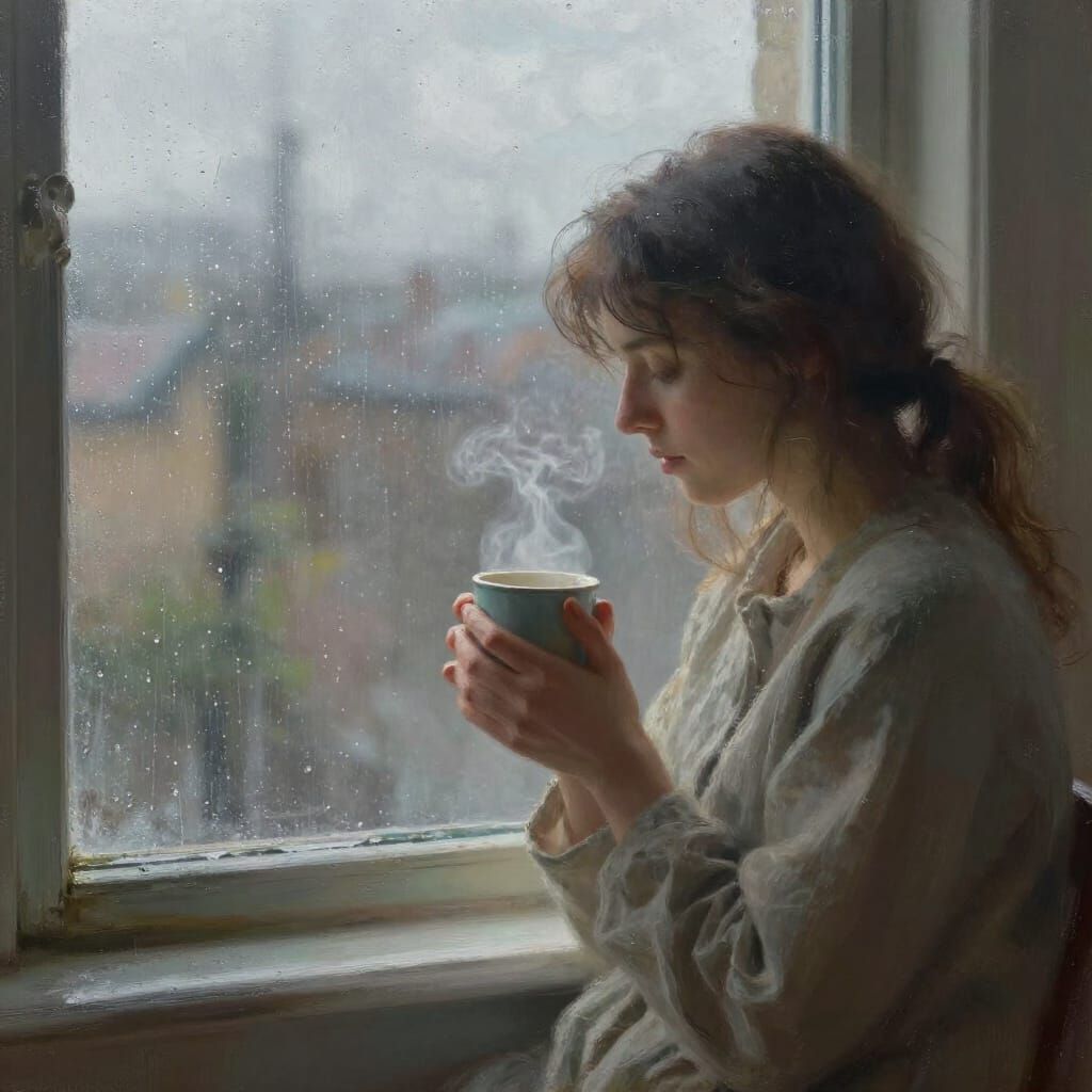 Quiet Contemplation by Rain-Streaked Window, Impressionistic...