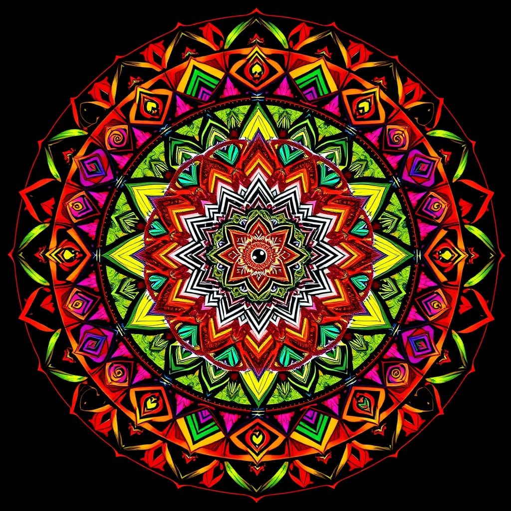 Mystical Mandala in Vibrant Colors: A Symmetrical Masterpiec...