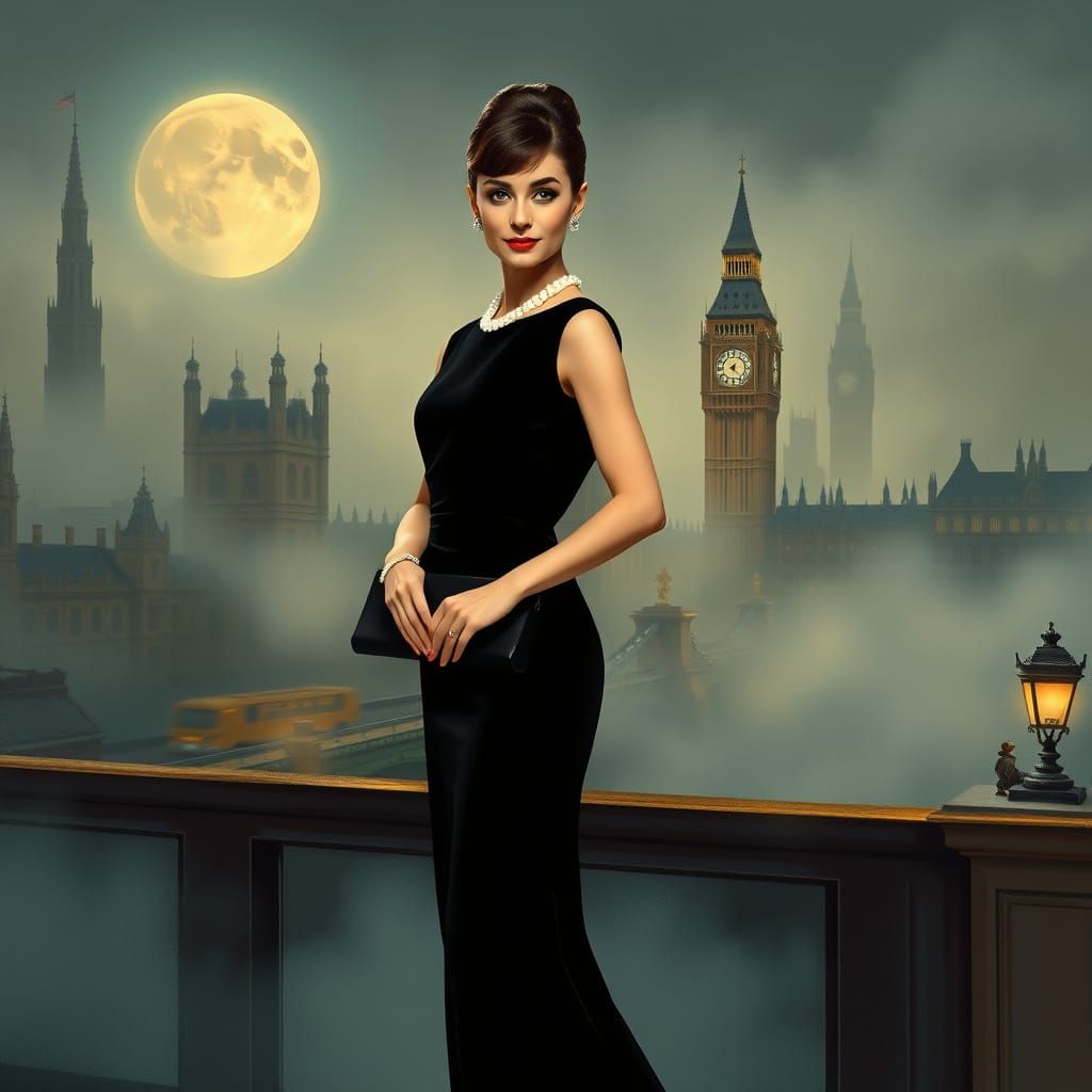 Elegant Audrey Hepburn in Luxurious 1950s Gown, London Citys...