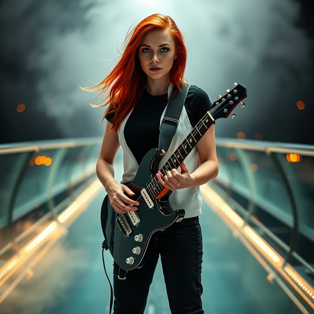 Vibrant Red-Haired Musician Stands Confidently on Glass Brid...