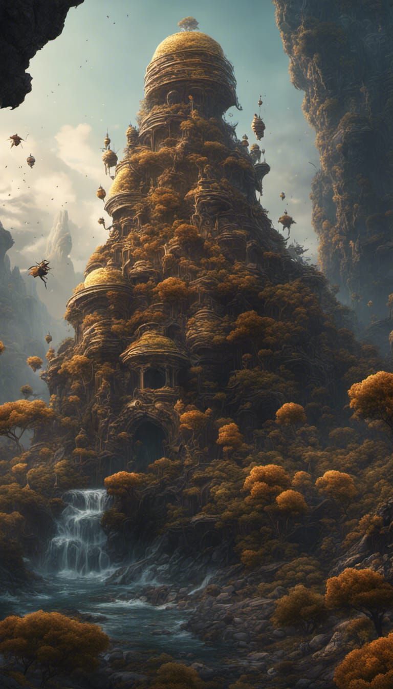 Fantastical Beehive Matte Painting in Deep Color