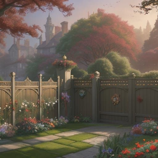 Art Nouveau Robins Perched on a Mossy Garden Fence