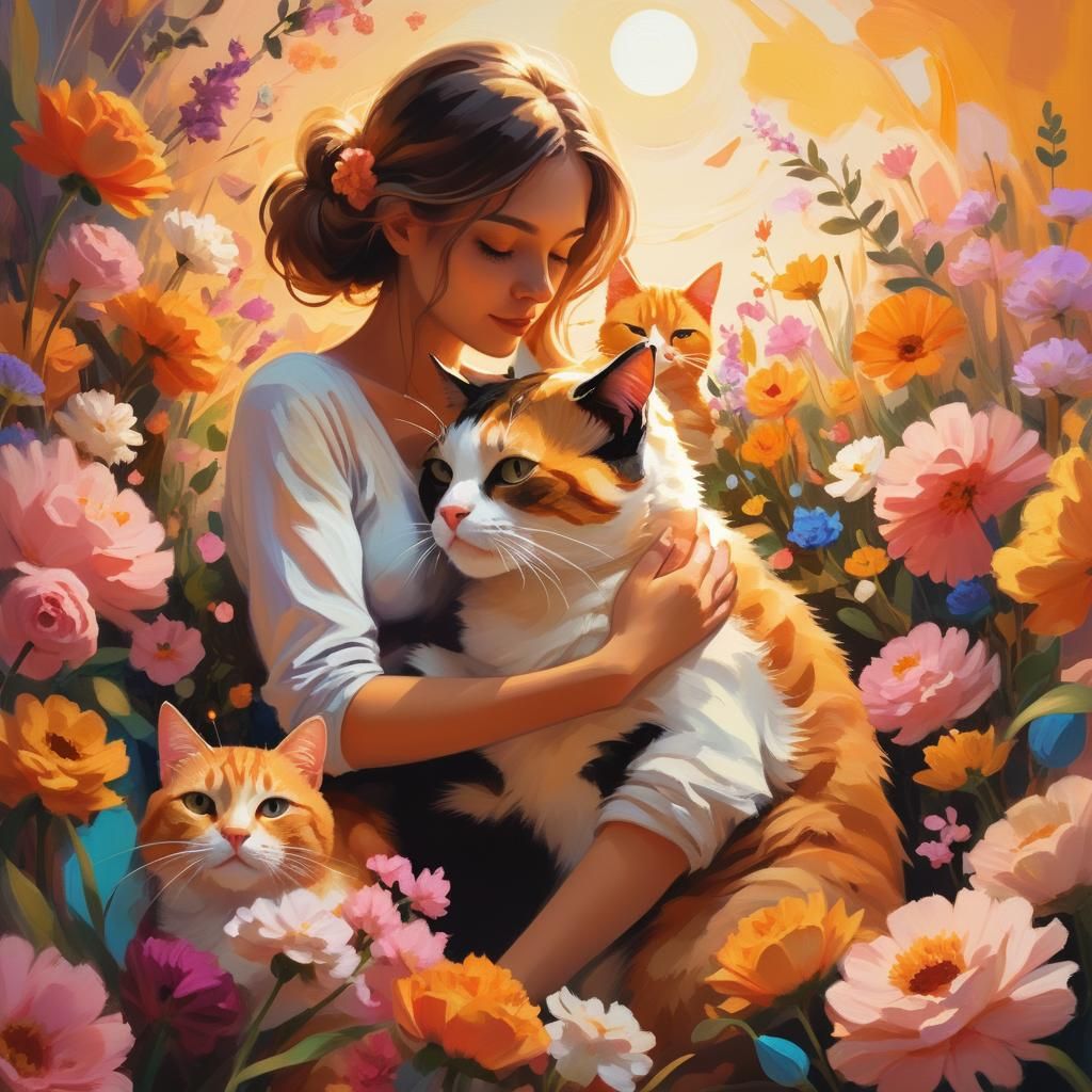 Cat and Person Embrace in Expressionist Oil Painting