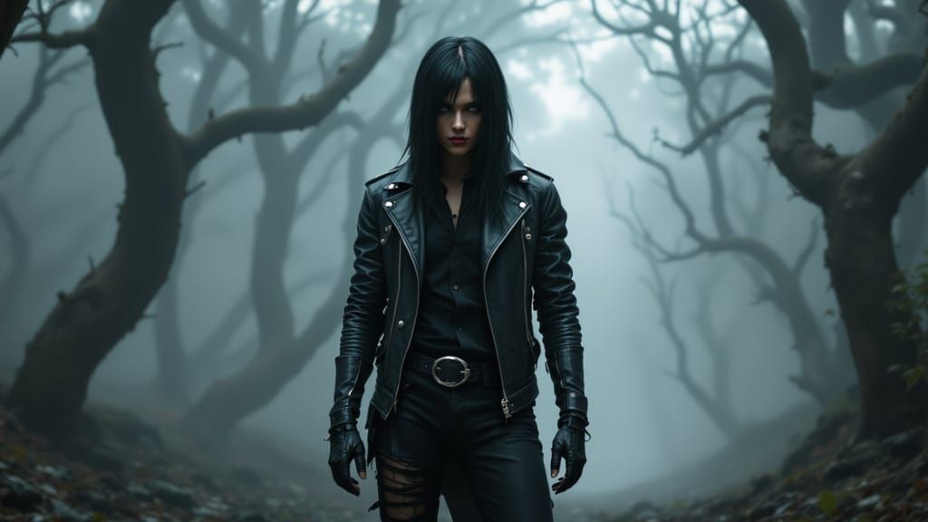 Goth Male Model in Misty Forest