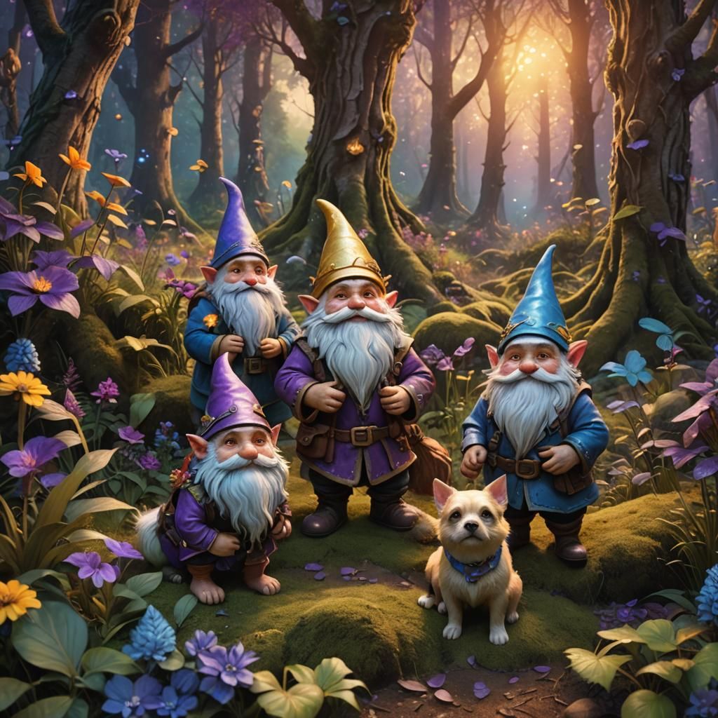 Gnomes and Dogs in Lush Forest: Fantasy Art