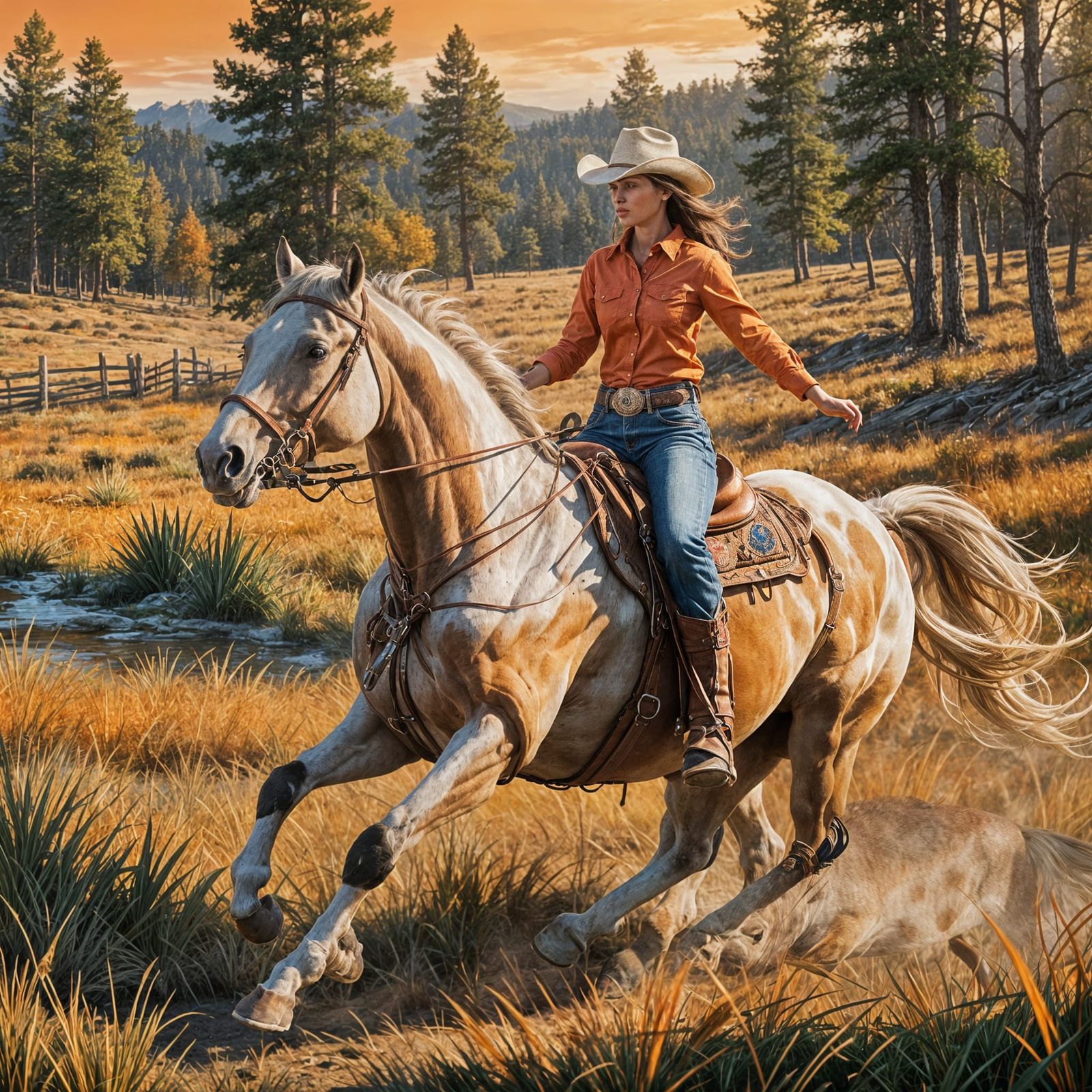 Cowgirl and Horse Galloping at Sunset