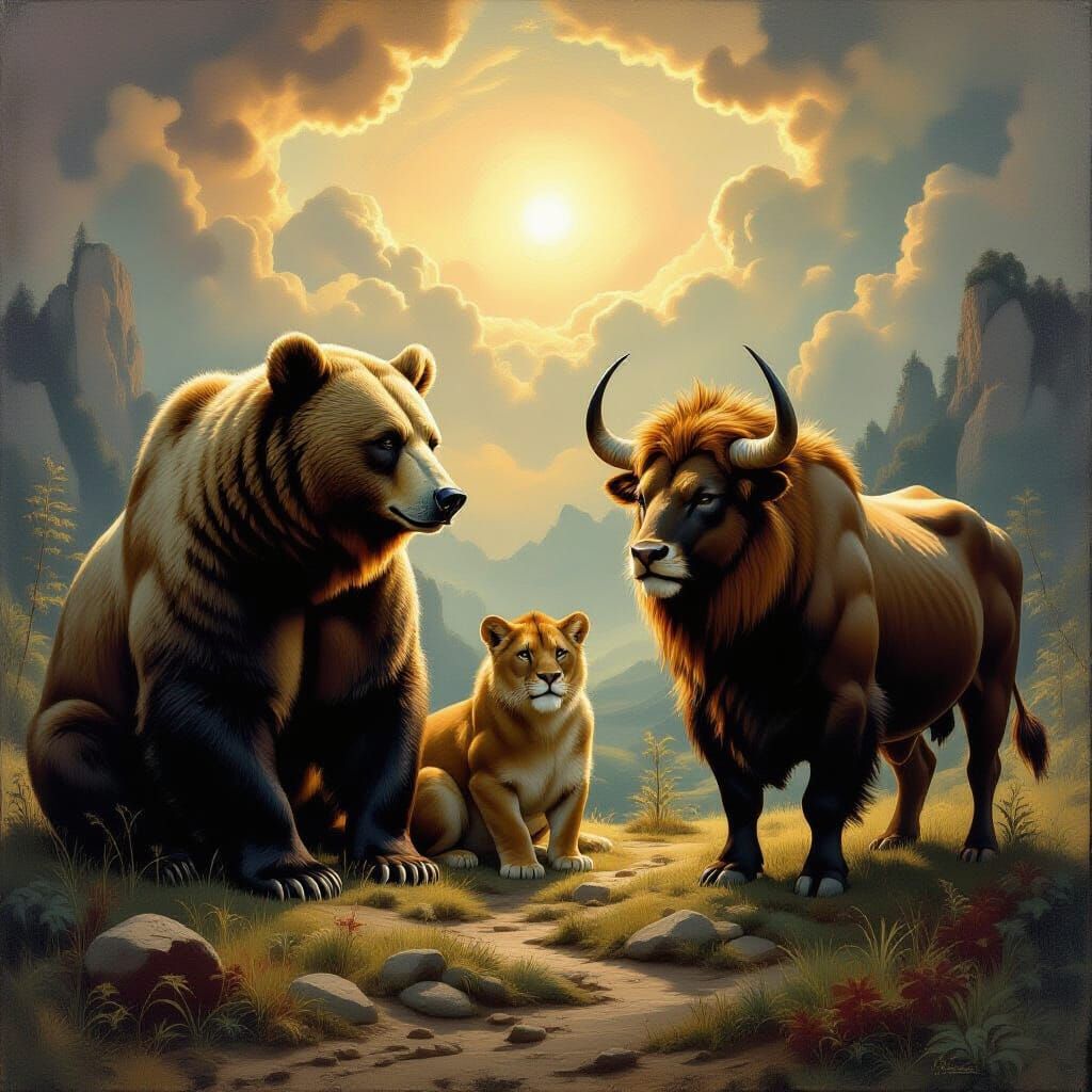 Bosch-Style Oil Painting of Bear, Lion, and Ox