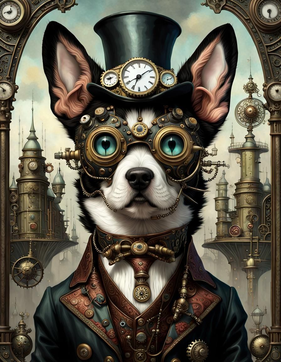 Ornate Steampunk Dog in Dark Fantasy Style