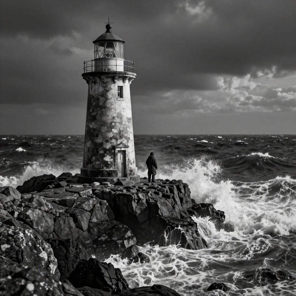 Lighthouse Keeper in Stormy Seas, Hyperrealistic Style