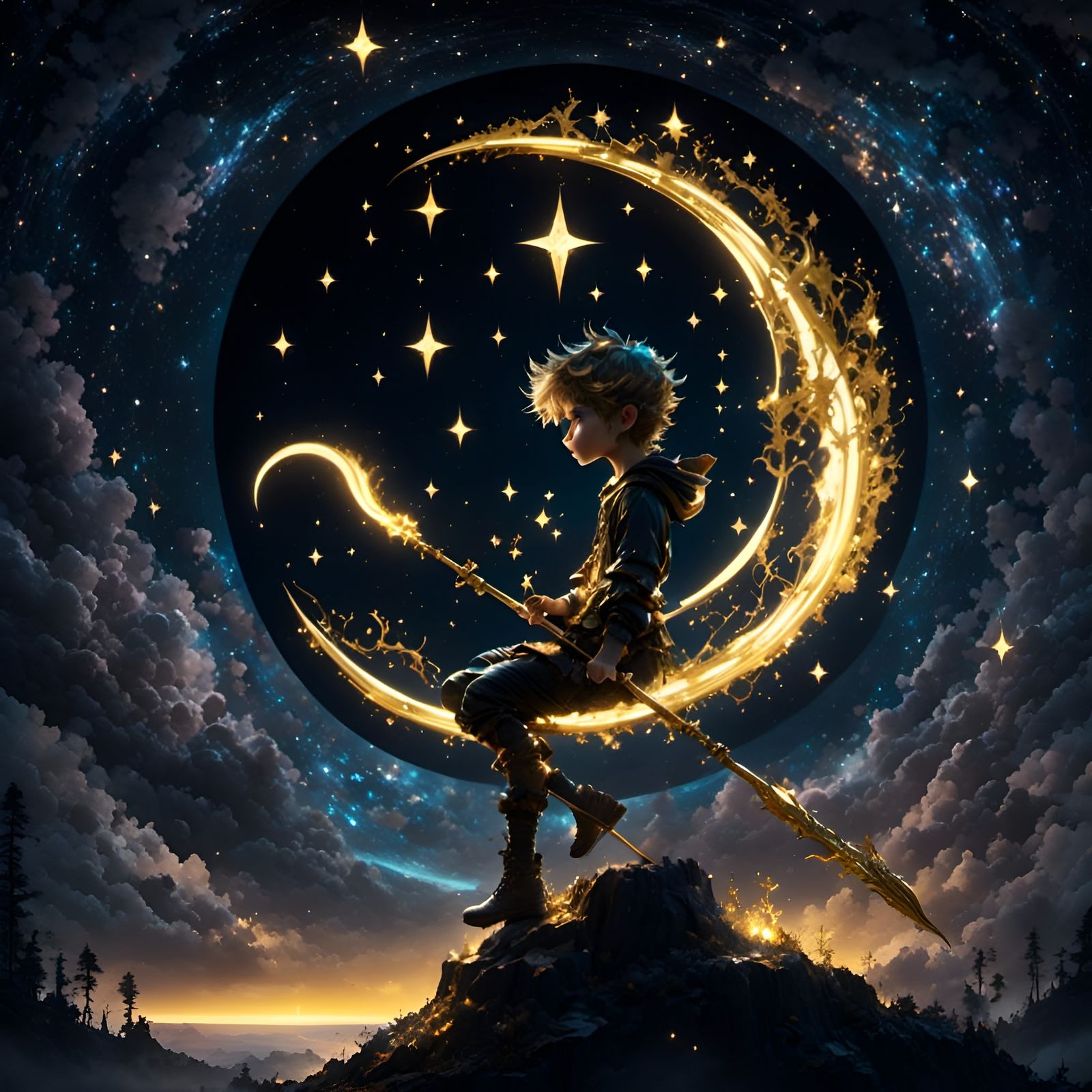 Cartoon Peter Pan on Moon Drawing with Pencil