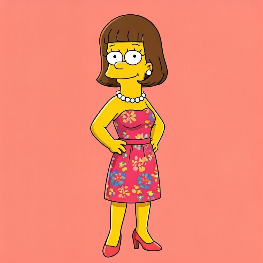 Simpsons Character in Vibrant Pink Floral Dress with Pearl A...