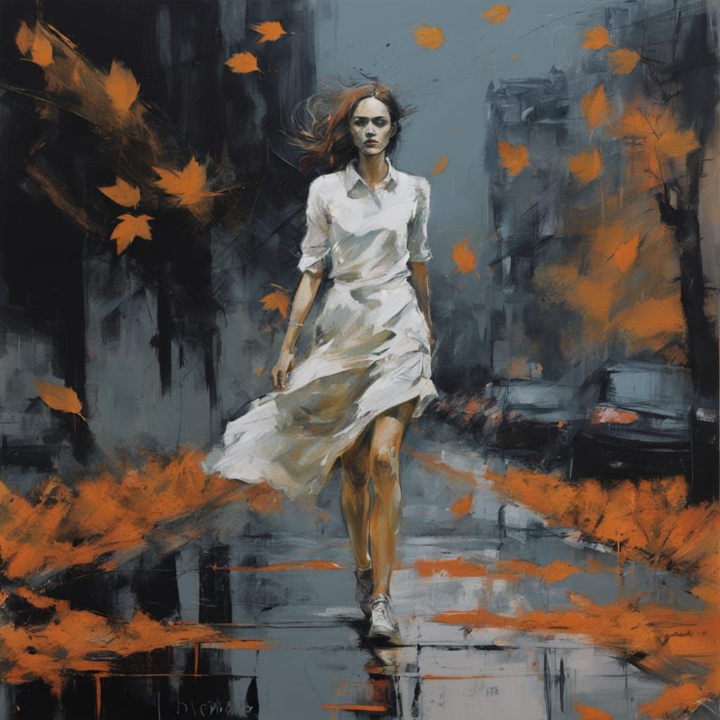 Ethereal Woman in Autumn Leaves, Expressionist Painting