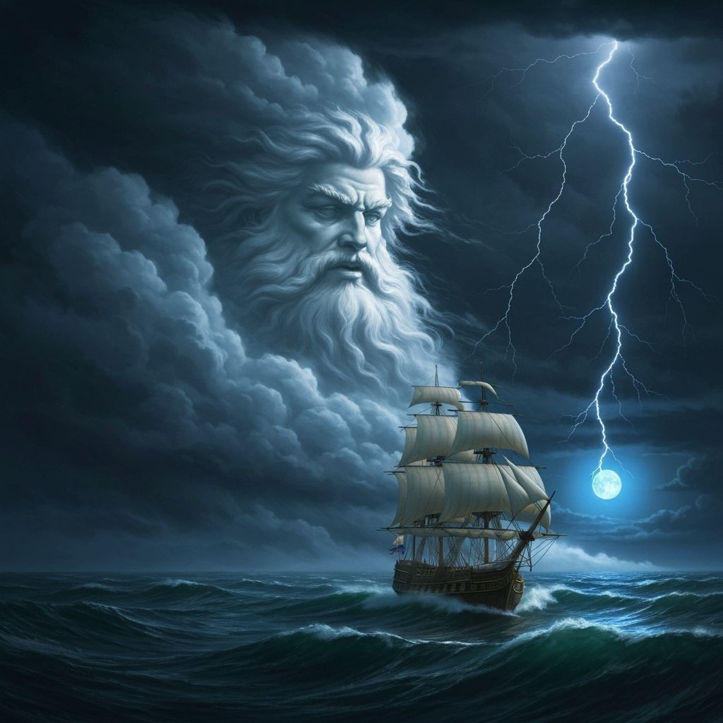 Zeus Storm Cloud Over Ship in Turner Bierstadt Style