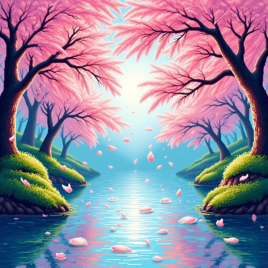 Sunlit Cherry Blossoms Reflected in Serene Lake