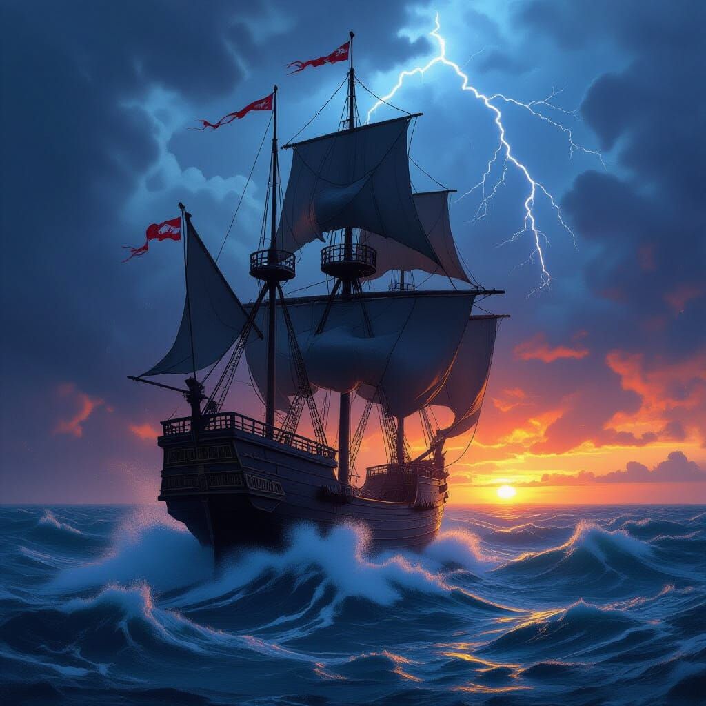 Tall Ship Battles Stormy Seas at Sunset