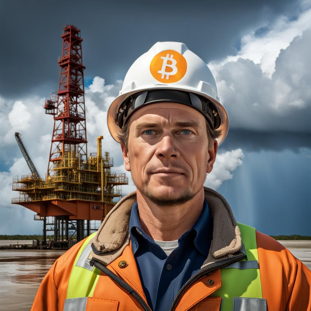Texas Oil Worker on Rig with Bitcoin Logo
