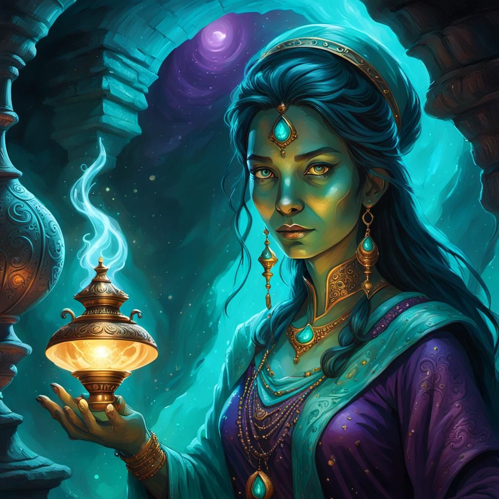 Female Genie Warlock Emerging from Magic Lamp