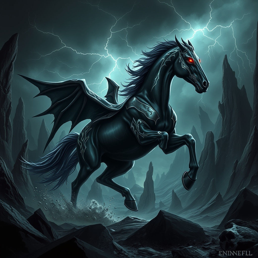 Majestic Dark Equine Galloping Through Twisted Landscape