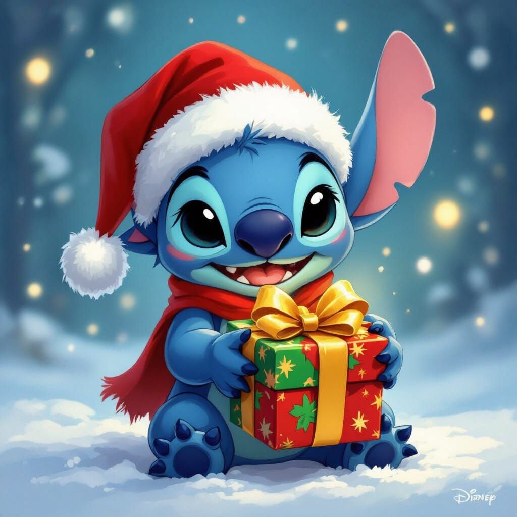 Stitch as Santa Holding a Christmas Present