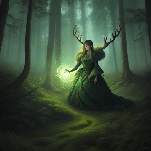 Girl and Stag in Luminous Forest, Fantasy Illustration